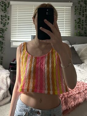 Wild Fable Crochet Stripe Swim Coverup in Pink, Yellow, White, Tan